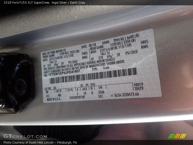 Ingot Silver / Earth Gray 2018 Ford F150 XLT SuperCrew