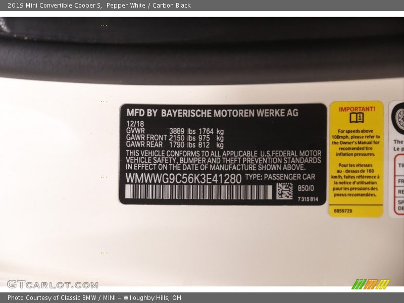 Pepper White / Carbon Black 2019 Mini Convertible Cooper S