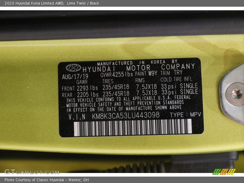 2020 Kona Limited AWD Lime Twist Color Code W9Y