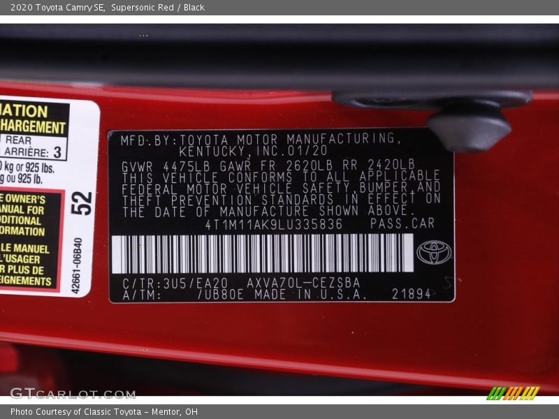 Supersonic Red / Black 2020 Toyota Camry SE