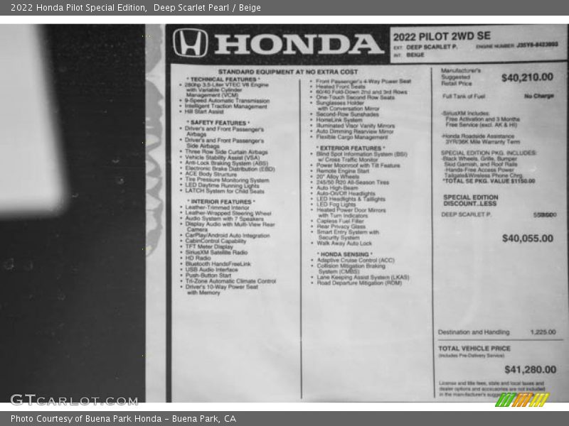 Deep Scarlet Pearl / Beige 2022 Honda Pilot Special Edition
