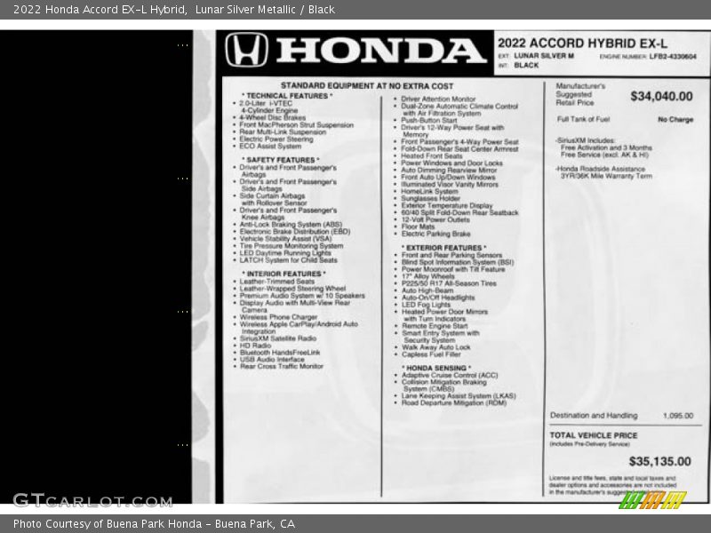  2022 Accord EX-L Hybrid Window Sticker