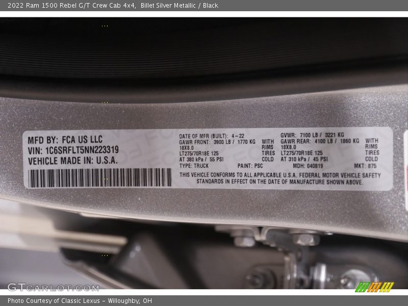 2022 1500 Rebel G/T Crew Cab 4x4 Billet Silver Metallic Color Code PSC