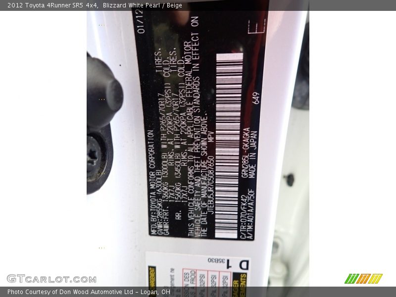 Blizzard White Pearl / Beige 2012 Toyota 4Runner SR5 4x4