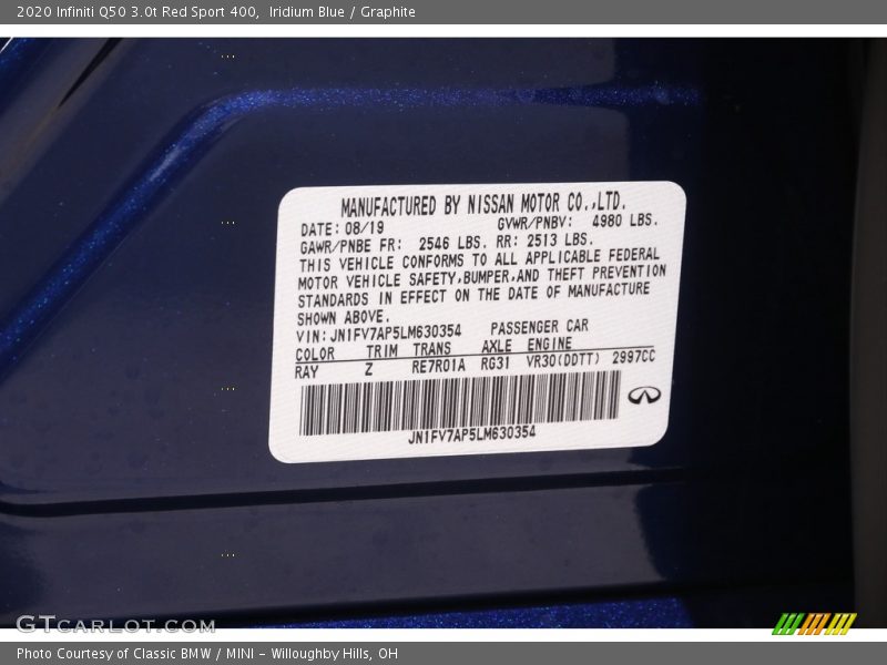 2020 Q50 3.0t Red Sport 400 Iridium Blue Color Code RAY