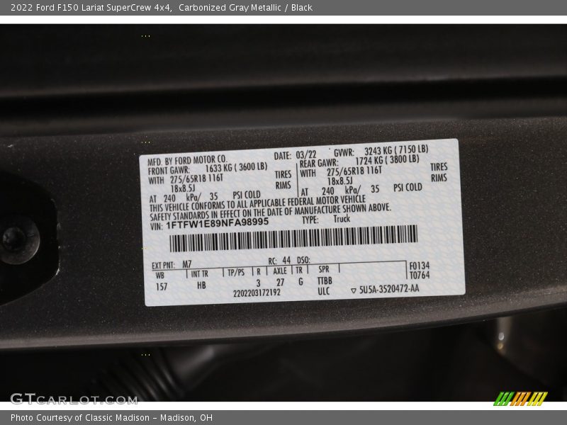 Carbonized Gray Metallic / Black 2022 Ford F150 Lariat SuperCrew 4x4