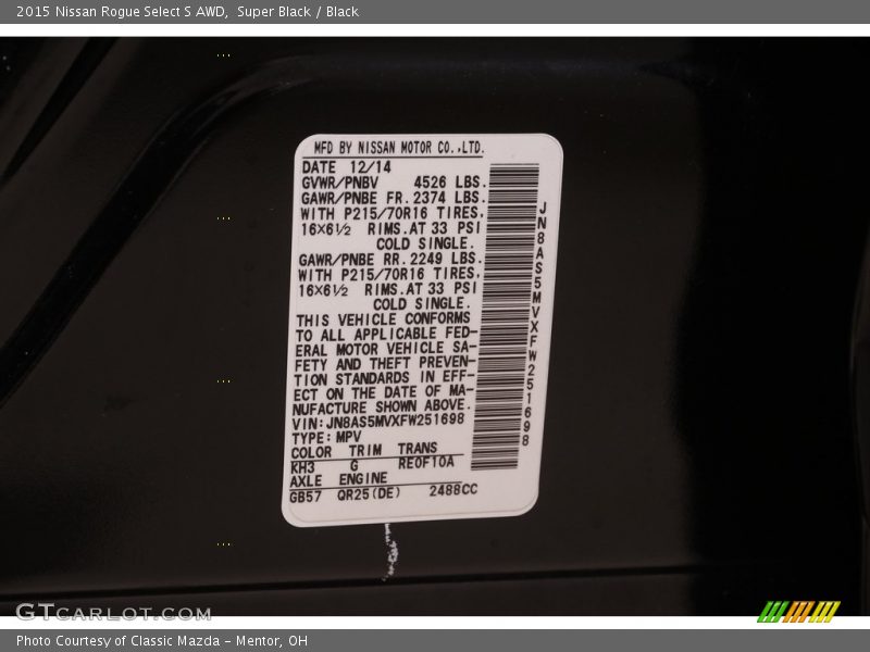 Super Black / Black 2015 Nissan Rogue Select S AWD
