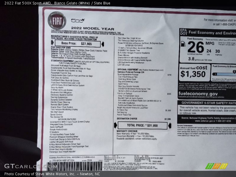  2022 500X Sport AWD Window Sticker