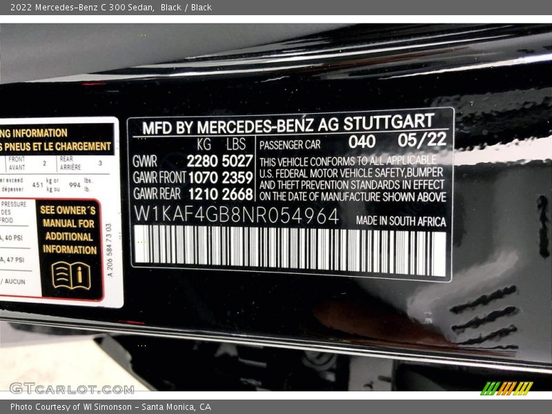 2022 C 300 Sedan Black Color Code 040