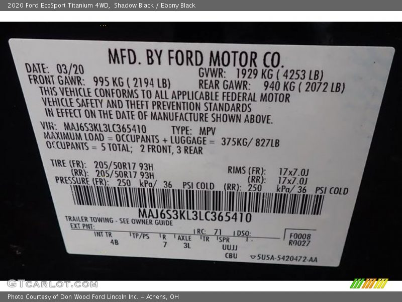 Shadow Black / Ebony Black 2020 Ford EcoSport Titanium 4WD
