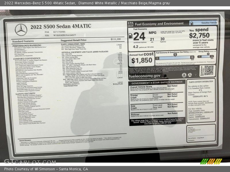  2022 S 500 4Matic Sedan Window Sticker