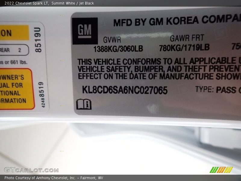 Summit White / Jet Black 2022 Chevrolet Spark LT