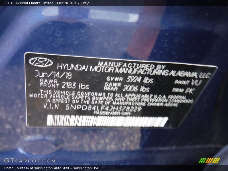 Electric Blue / Gray 2018 Hyundai Elantra Limited