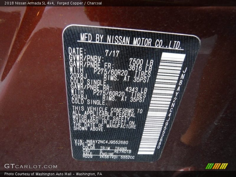2018 Armada SL 4x4 Forged Copper Color Code CAU