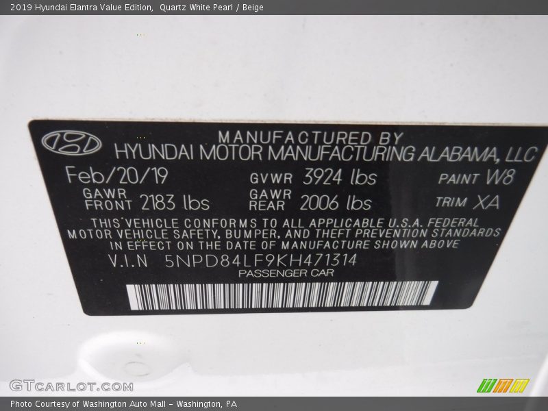 Quartz White Pearl / Beige 2019 Hyundai Elantra Value Edition