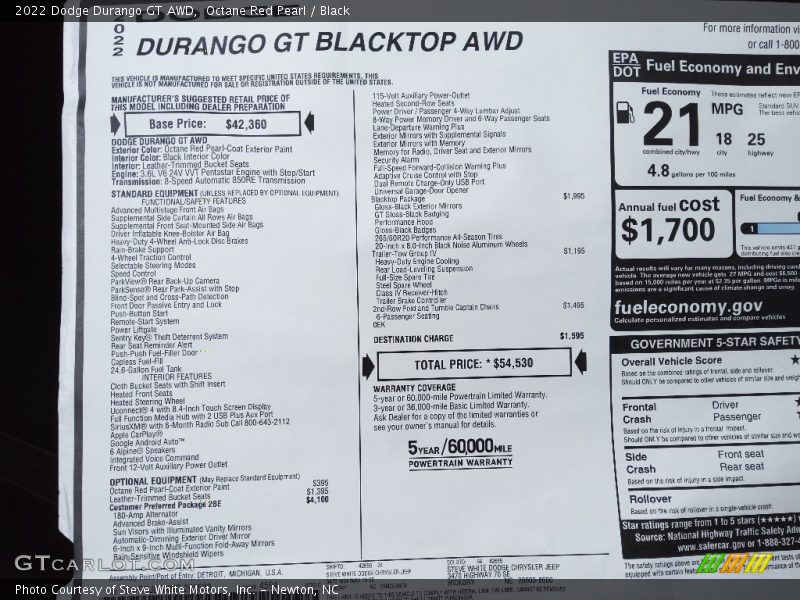  2022 Durango GT AWD Window Sticker