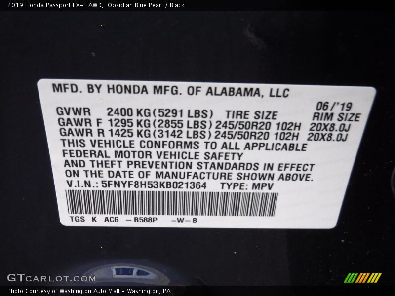 Obsidian Blue Pearl / Black 2019 Honda Passport EX-L AWD