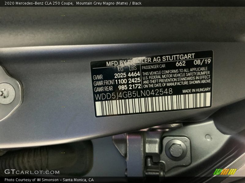 2020 CLA 250 Coupe Mountain Grey Magno (Matte) Color Code 662