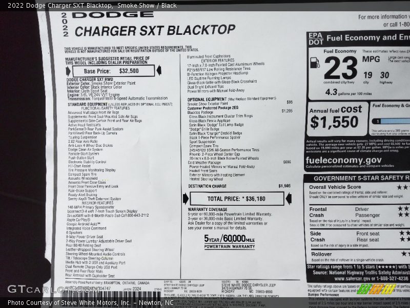 Smoke Show / Black 2022 Dodge Charger SXT Blacktop