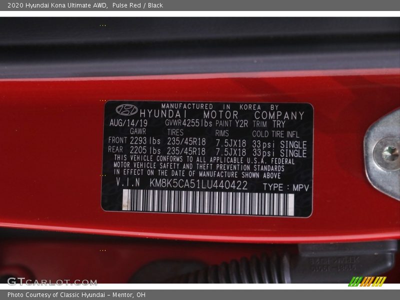 2020 Kona Ultimate AWD Pulse Red Color Code Y2R