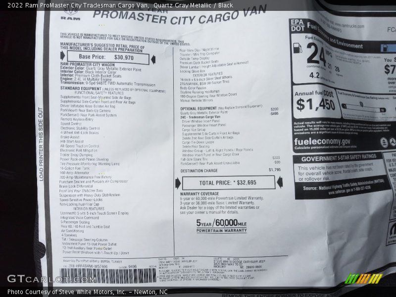  2022 ProMaster City Tradesman Cargo Van Window Sticker