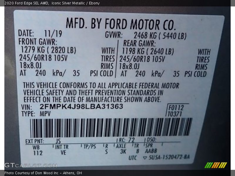 2020 Edge SEL AWD Iconic Silver Metallic Color Code JS