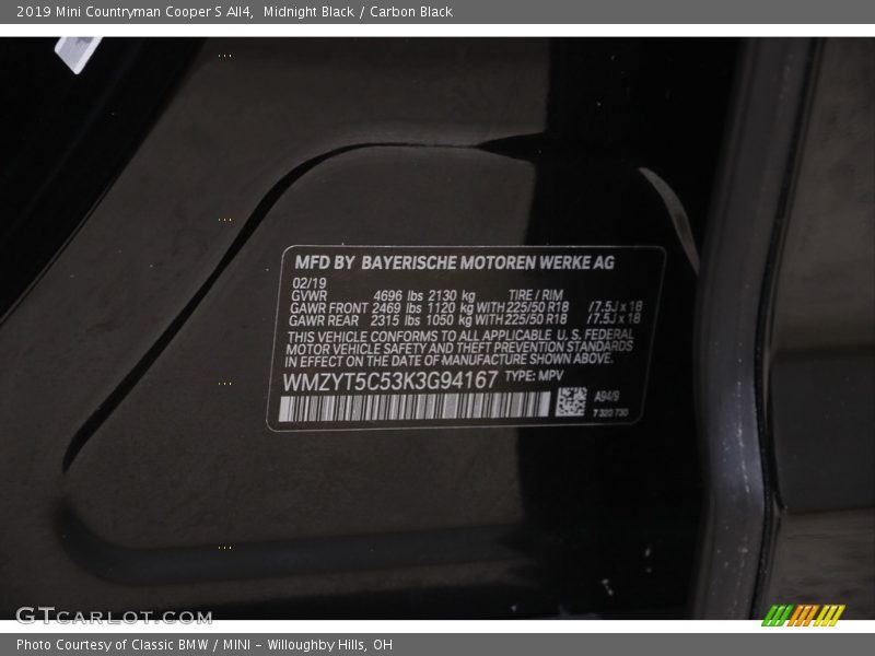 Midnight Black / Carbon Black 2019 Mini Countryman Cooper S All4