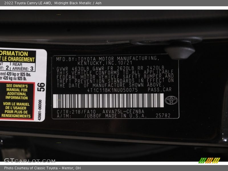 Midnight Black Metallic / Ash 2022 Toyota Camry LE AWD