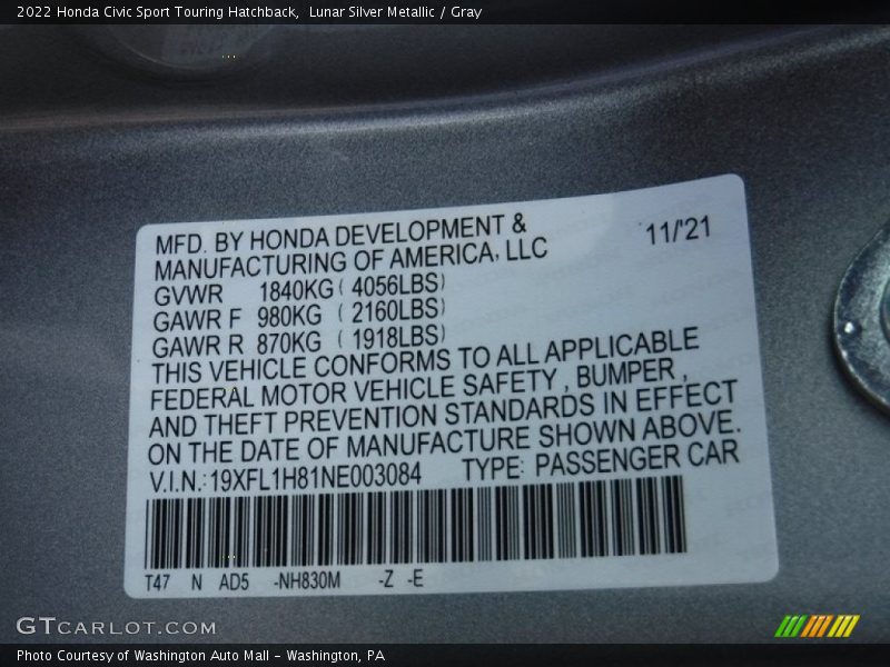 Lunar Silver Metallic / Gray 2022 Honda Civic Sport Touring Hatchback