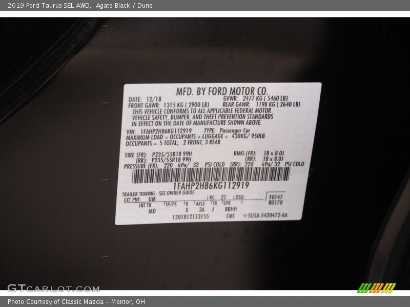 Agate Black / Dune 2019 Ford Taurus SEL AWD