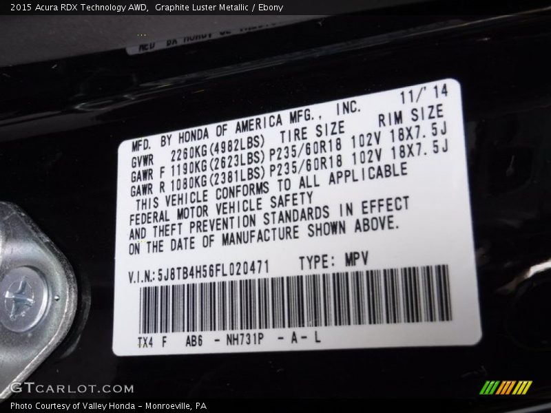 Graphite Luster Metallic / Ebony 2015 Acura RDX Technology AWD