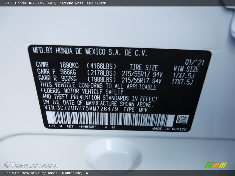 Platinum White Pearl / Black 2021 Honda HR-V EX-L AWD