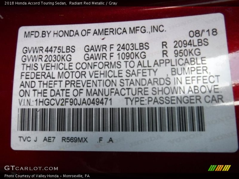 2018 Accord Touring Sedan Radiant Red Metallic Color Code R569MX