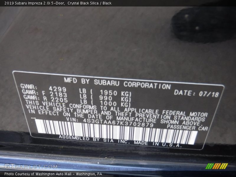Crystal Black Silica / Black 2019 Subaru Impreza 2.0i 5-Door