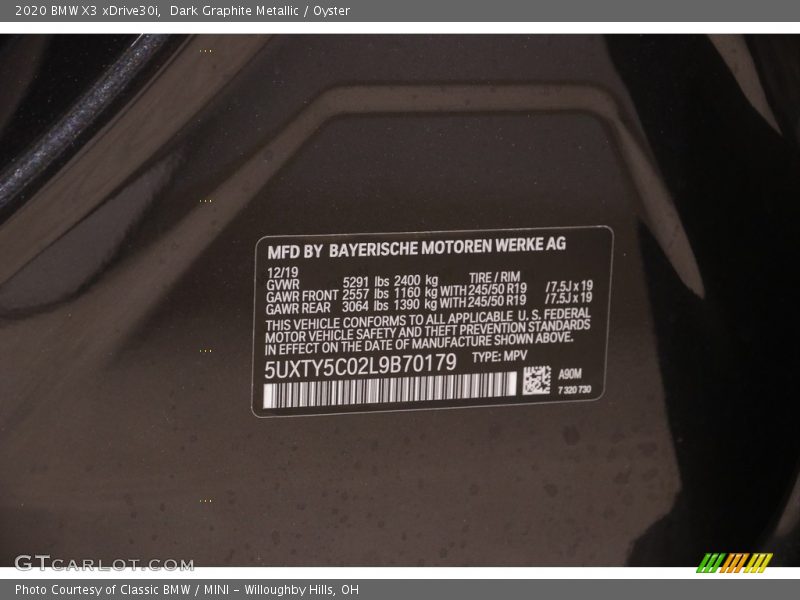 Dark Graphite Metallic / Oyster 2020 BMW X3 xDrive30i