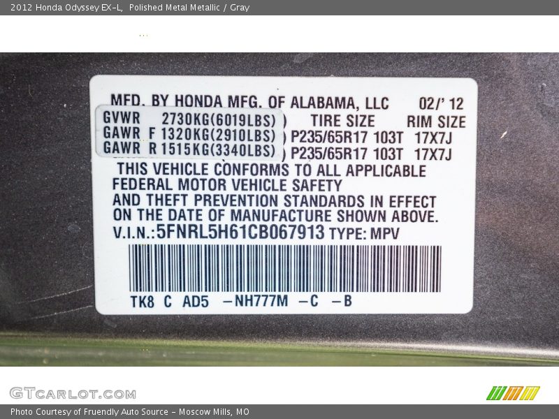 Polished Metal Metallic / Gray 2012 Honda Odyssey EX-L
