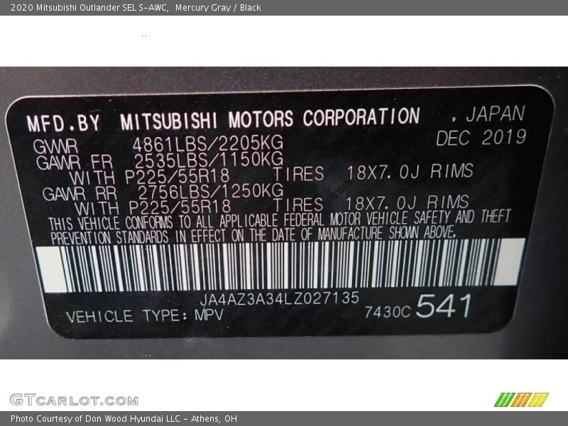 Mercury Gray / Black 2020 Mitsubishi Outlander SEL S-AWC