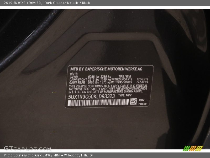 Dark Graphite Metallic / Black 2019 BMW X3 xDrive30i