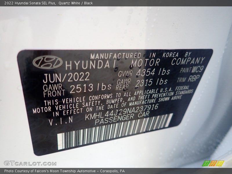 Quartz White / Black 2022 Hyundai Sonata SEL Plus