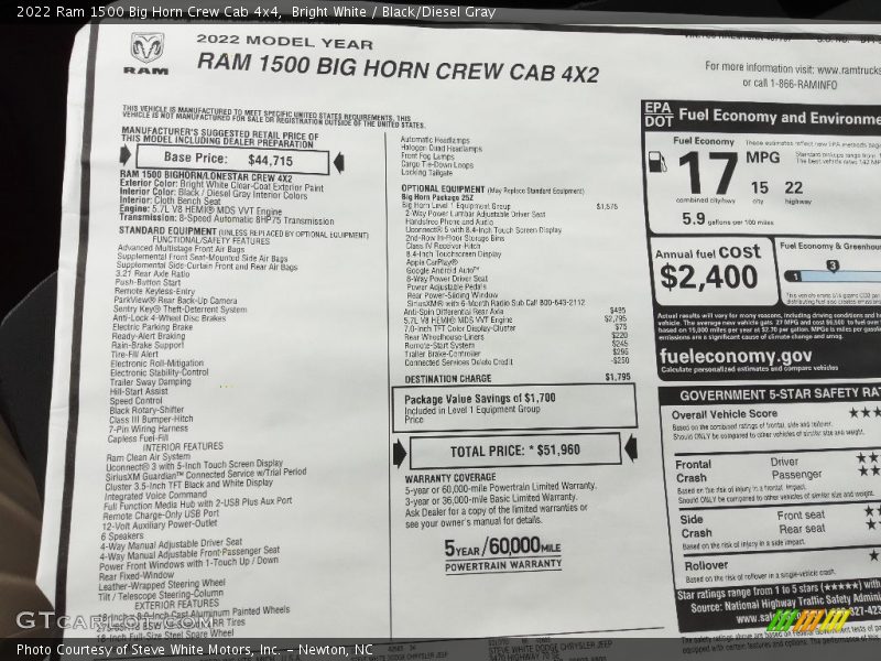 Bright White / Black/Diesel Gray 2022 Ram 1500 Big Horn Crew Cab 4x4