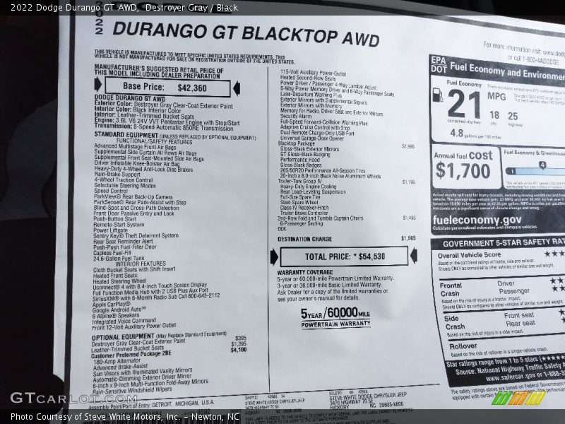 Destroyer Gray / Black 2022 Dodge Durango GT AWD