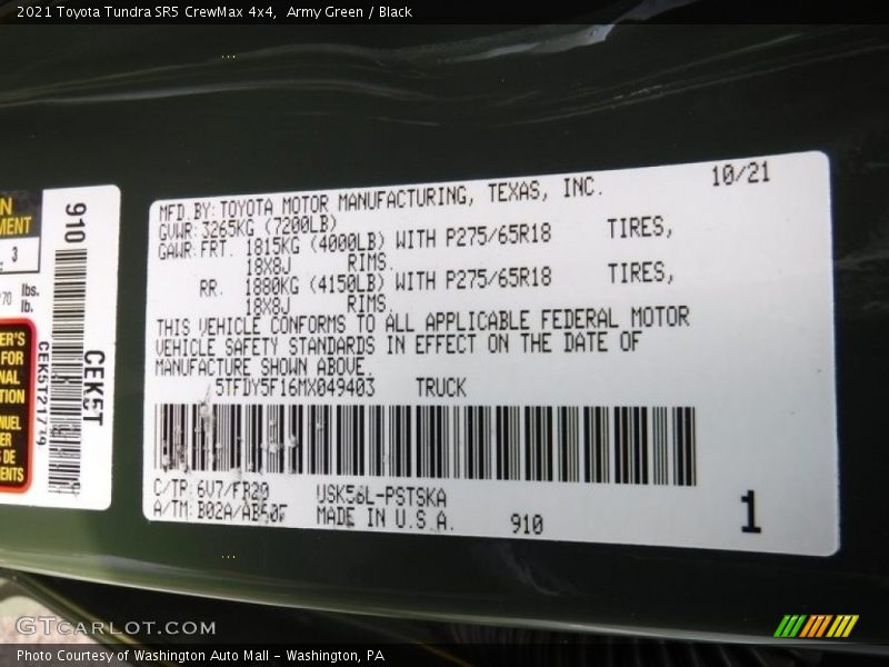 Army Green / Black 2021 Toyota Tundra SR5 CrewMax 4x4