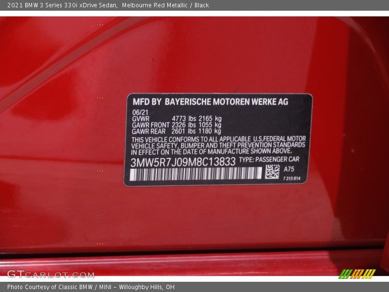 2021 3 Series 330i xDrive Sedan Melbourne Red Metallic Color Code A75
