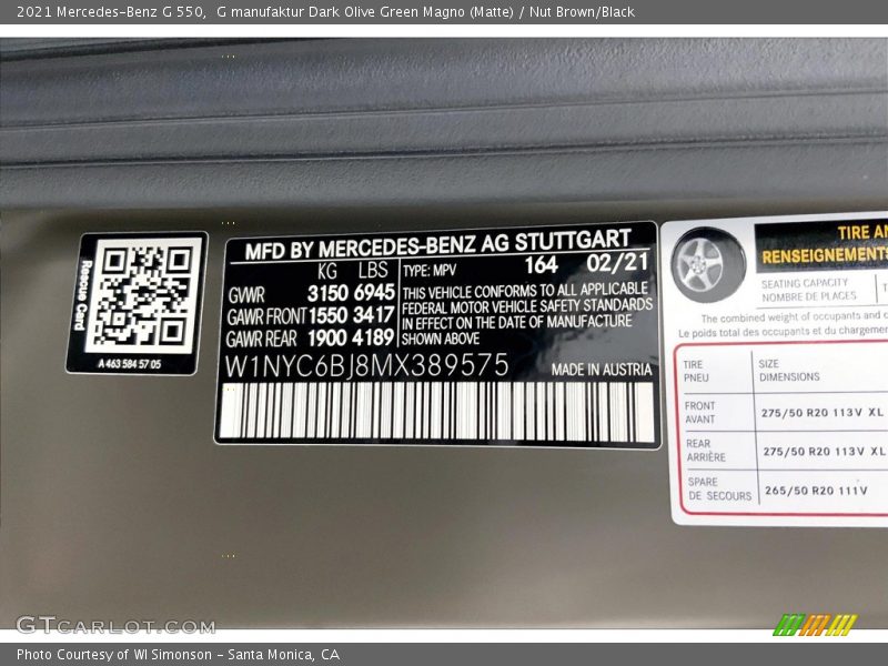 2021 G 550 G manufaktur Dark Olive Green Magno (Matte) Color Code 164