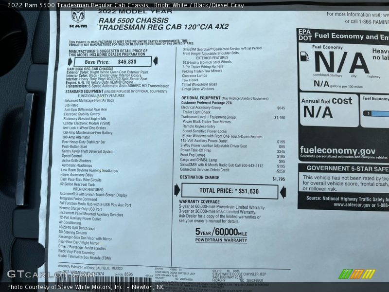 Bright White / Black/Diesel Gray 2022 Ram 5500 Tradesman Regular Cab Chassis