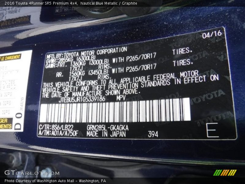 Nautical Blue Metallic / Graphite 2016 Toyota 4Runner SR5 Premium 4x4