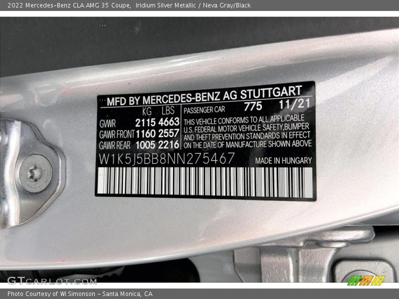 2022 CLA AMG 35 Coupe Iridium Silver Metallic Color Code 775