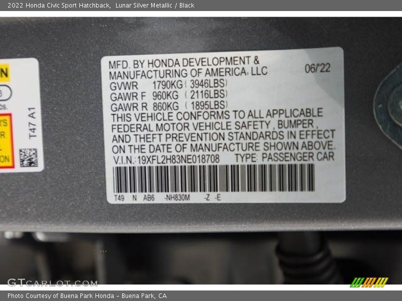 2022 Civic Sport Hatchback Lunar Silver Metallic Color Code NH830M