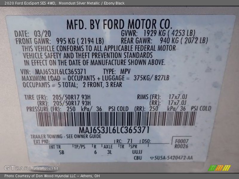 Moondust Silver Metallic / Ebony Black 2020 Ford EcoSport SES 4WD