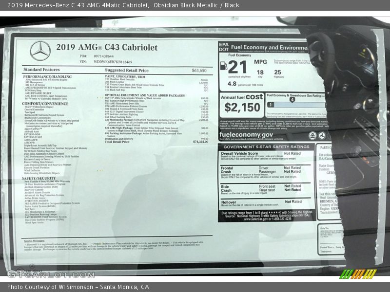  2019 C 43 AMG 4Matic Cabriolet Window Sticker